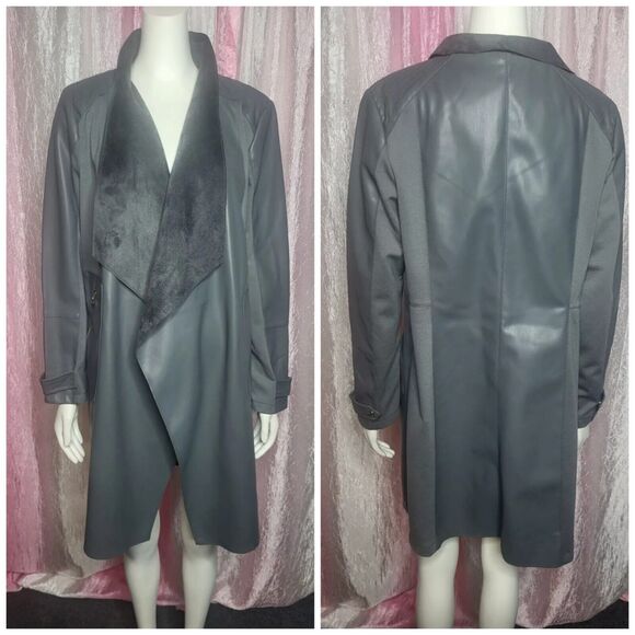 Andrew Marc Faux Leather Gray Long Open Front Duster Jacket Size Medium - Picture 1 of 8